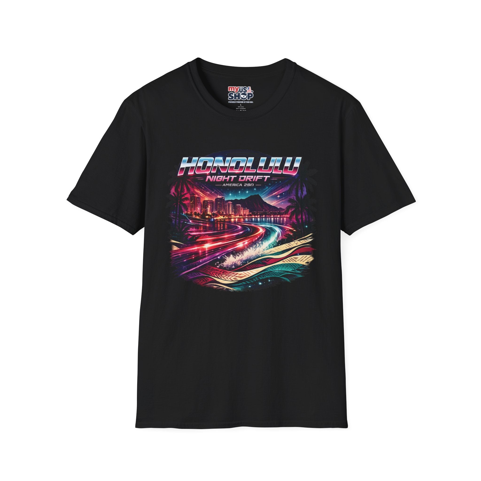 America 250 Honolulu Night Drift T-Shirt — Retro Neon Hawaii Surf & Cityscape Tee