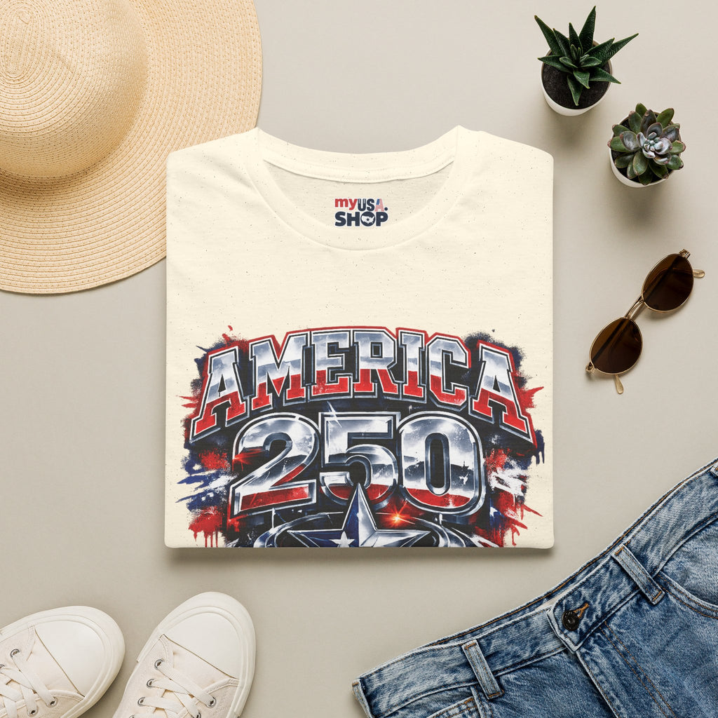 America 250 Texas Shirt — Patriotic Chrome Star Graphic Tee