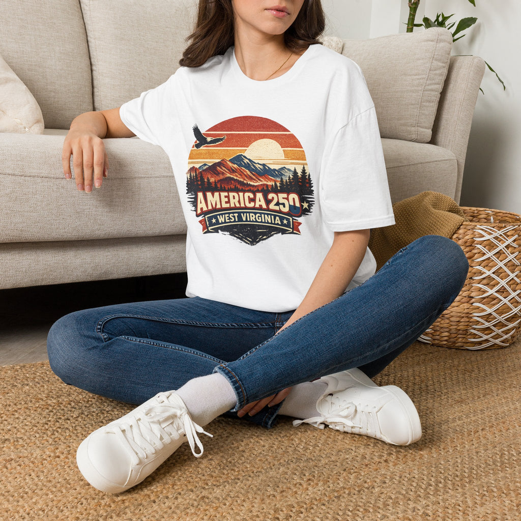 America 250 Retro Sunrise T-Shirt — West Virginia Scenic Eagle Design