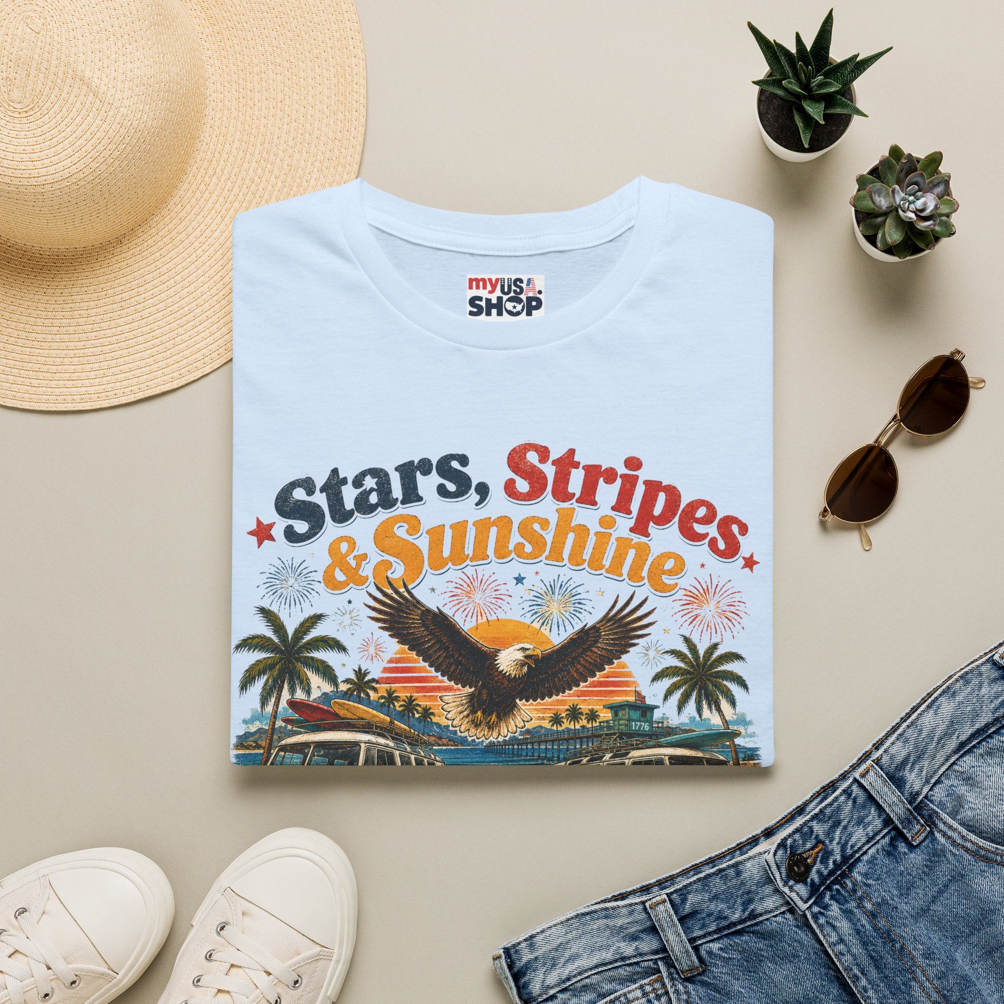 America 250 Stars, Stripes & Sunshine T-Shirt — Vintage Eagle Beach Americana Tee