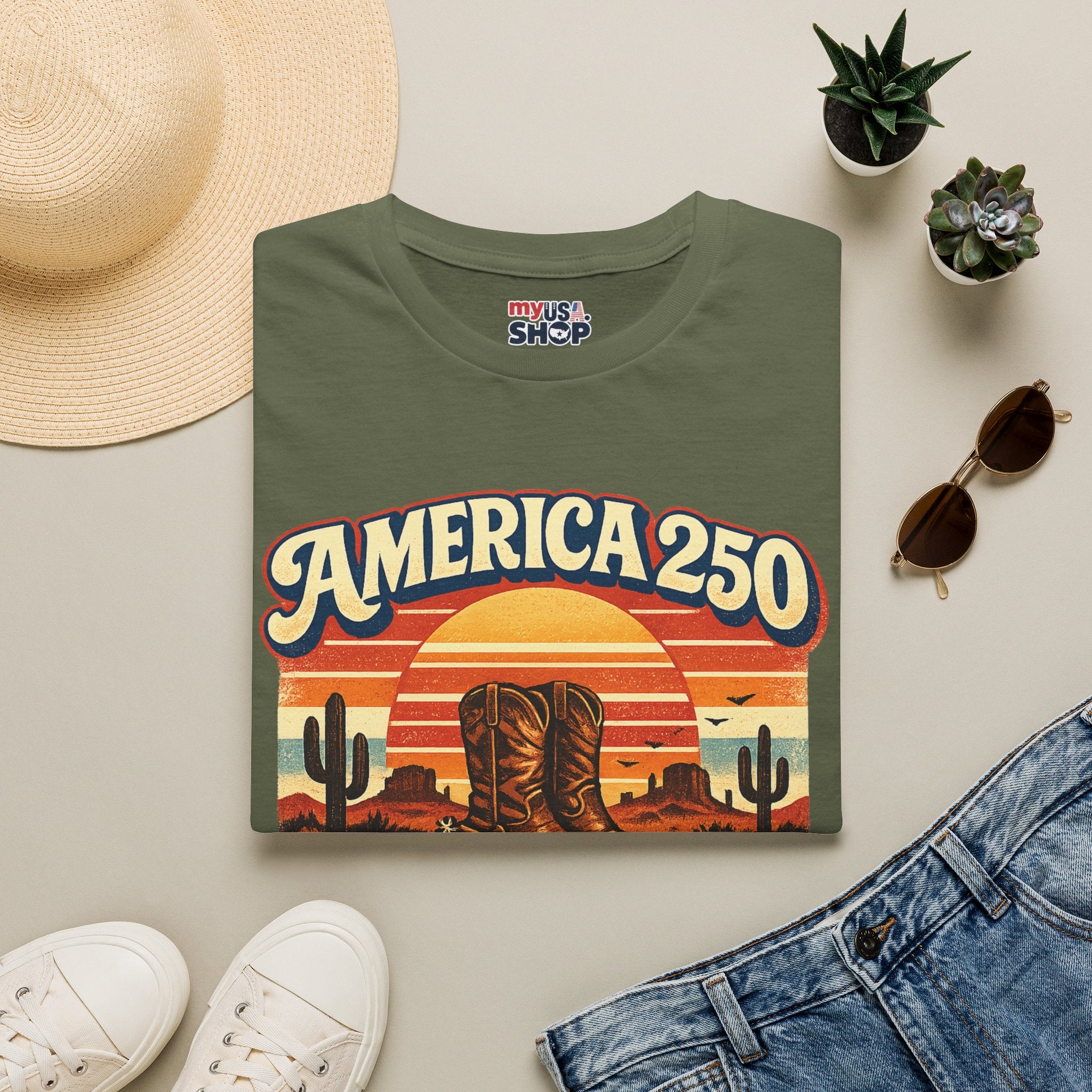 America 250 Texas T-Shirt — Retro Desert Cowboy Graphic Tee
