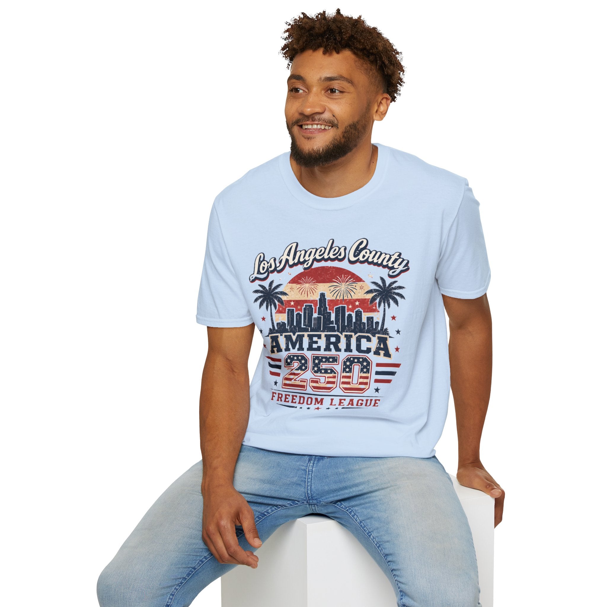 Los Angeles County Skyline T-Shirt — Vintage American 250 Fireworks Design
