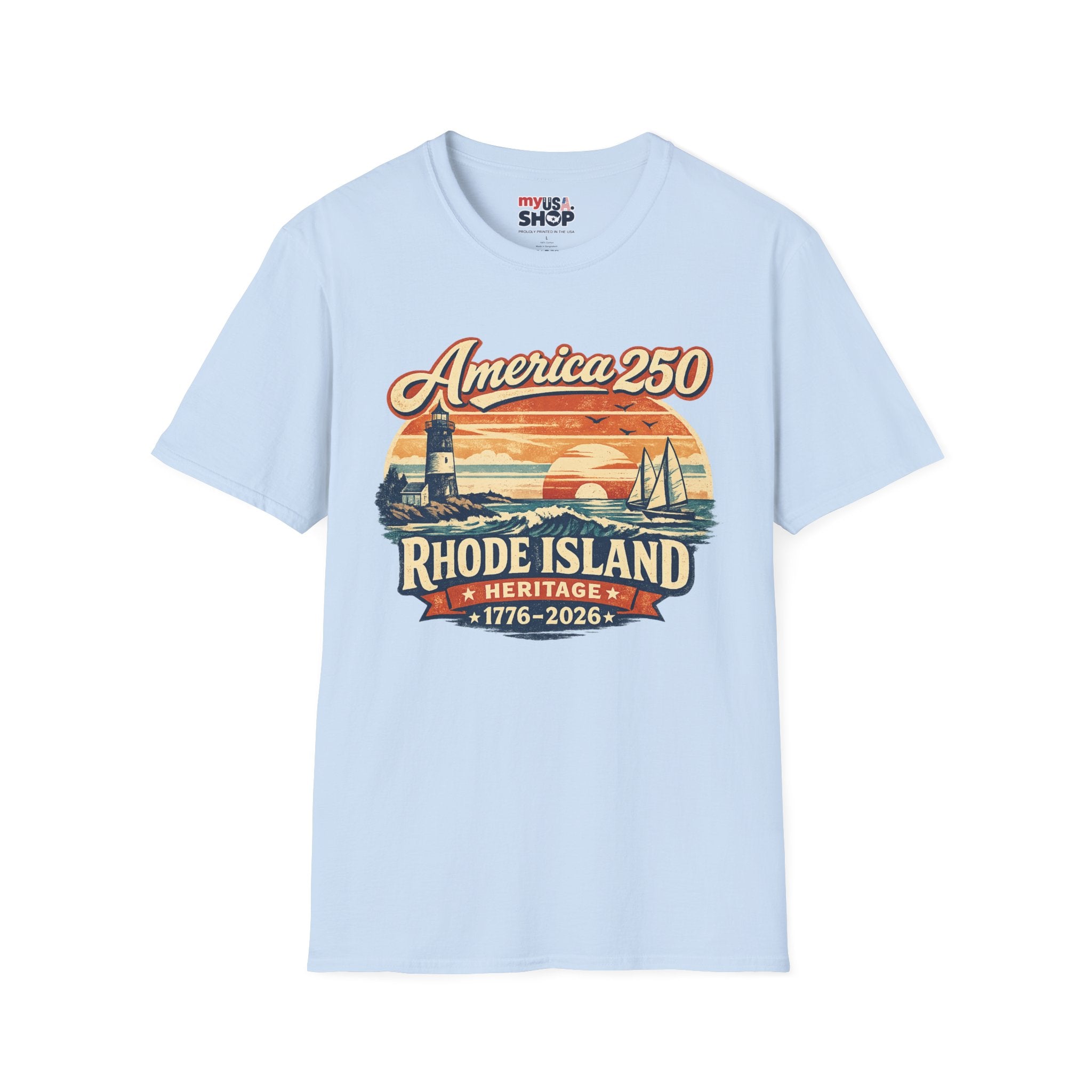 America 250 Rhode Island Heritage Shirt — Coastal Lighthouse Sunset Tee