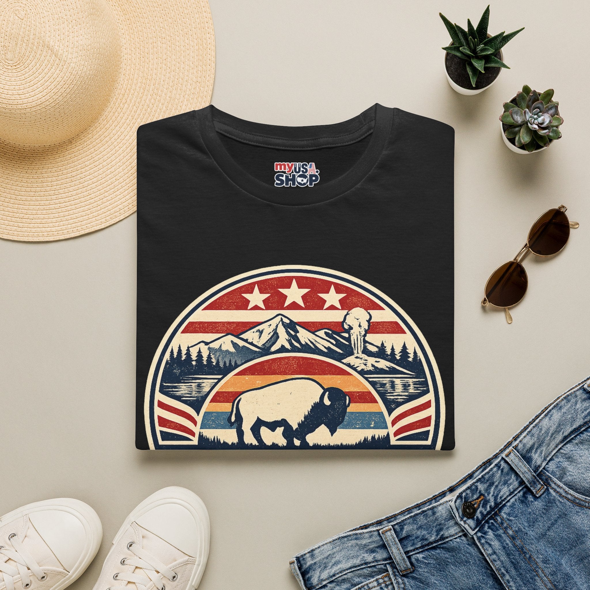 Wyoming Buffalo Tee — America 250 Retro Mountain Graphic T-Shirt
