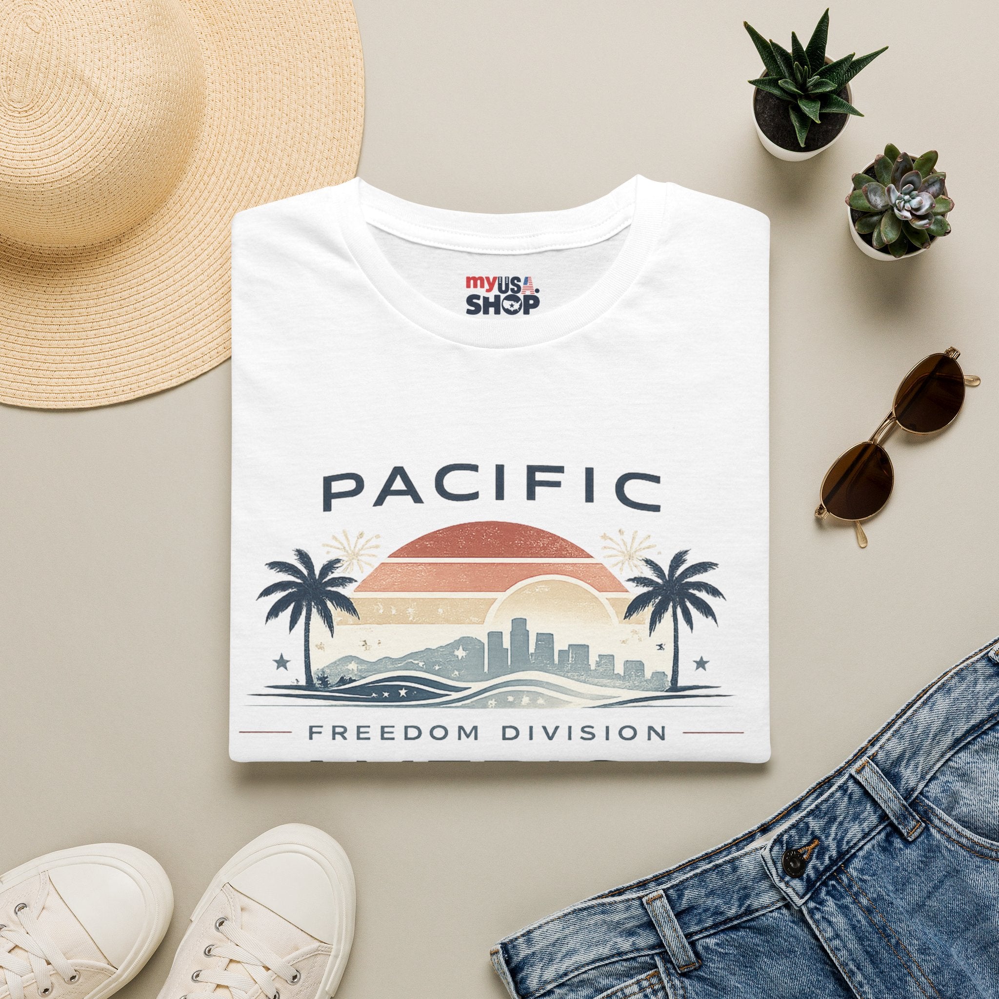Pacific Freedom Division T-Shirt — Retro Palm Sunset America 250 Graphic Tee