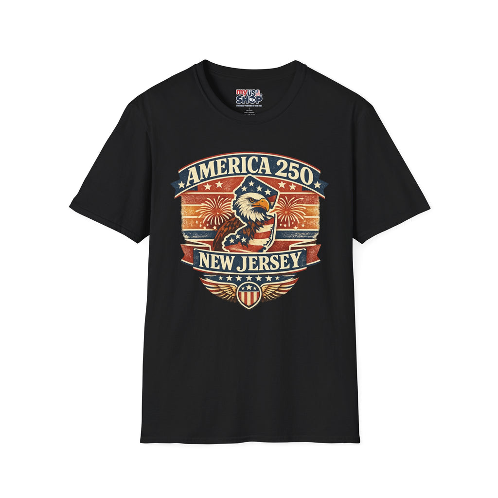 America 250 New Jersey T‑Shirt — Patriotic Bald Eagle & Fireworks Tee