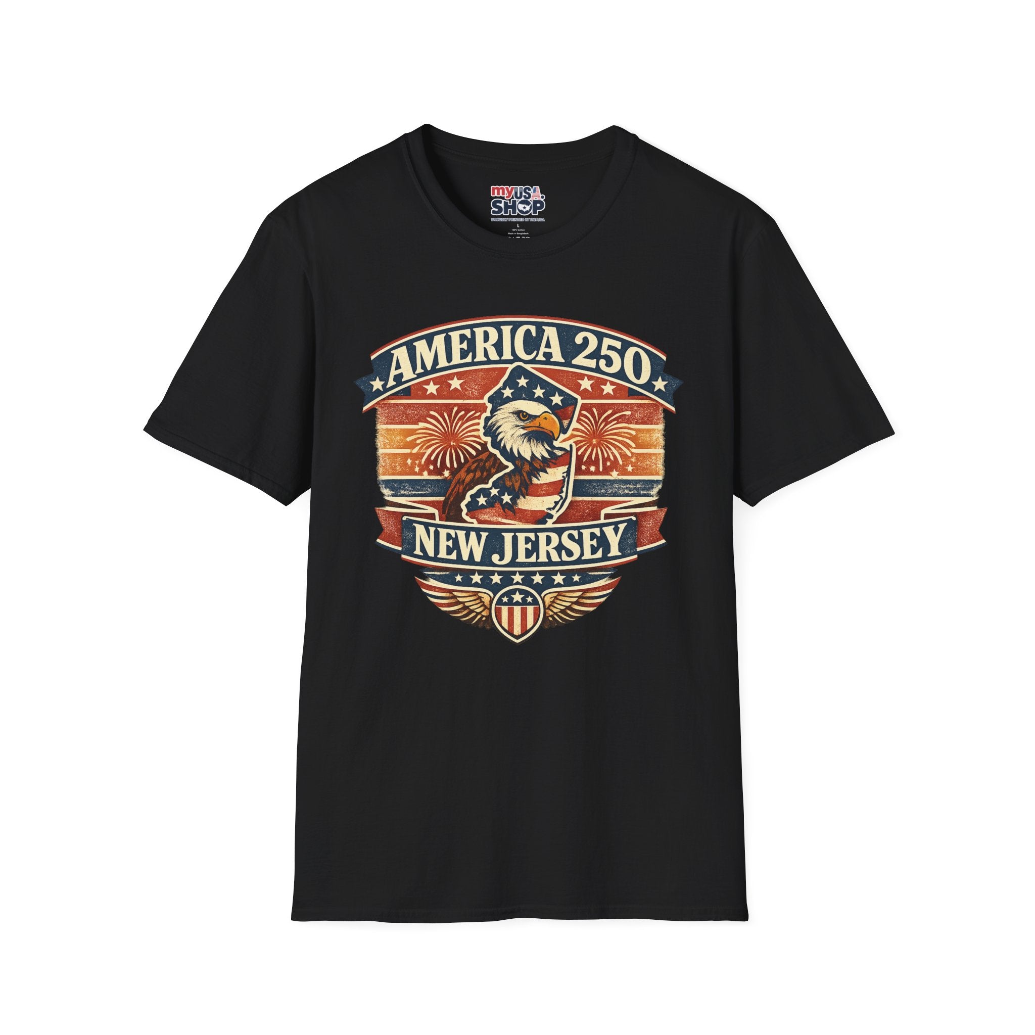 America 250 New Jersey T‑Shirt — Patriotic Bald Eagle & Fireworks Tee