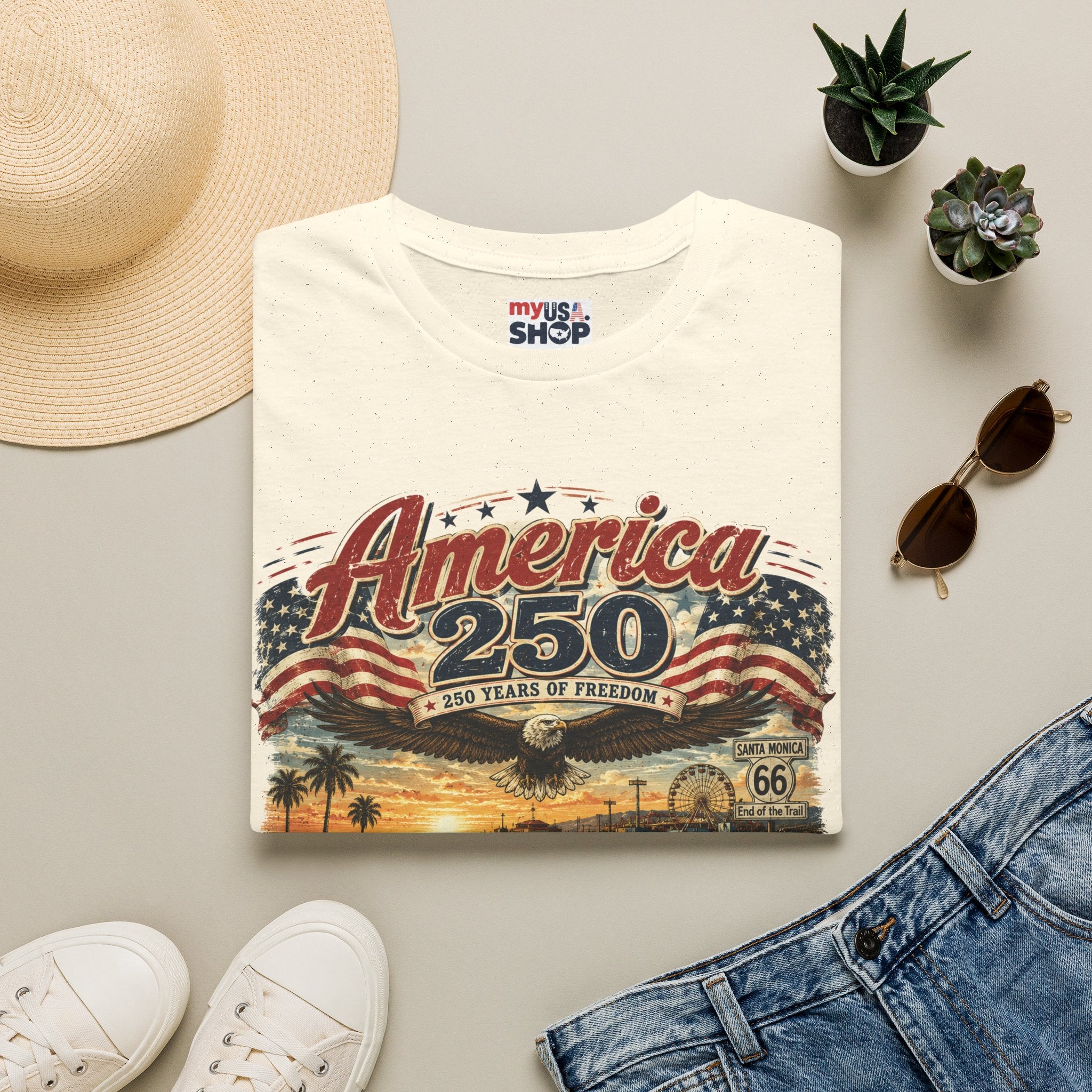 America 250 Santa Monica T-Shirt — USA 250 Years of Freedom Vintage Graphic Tee