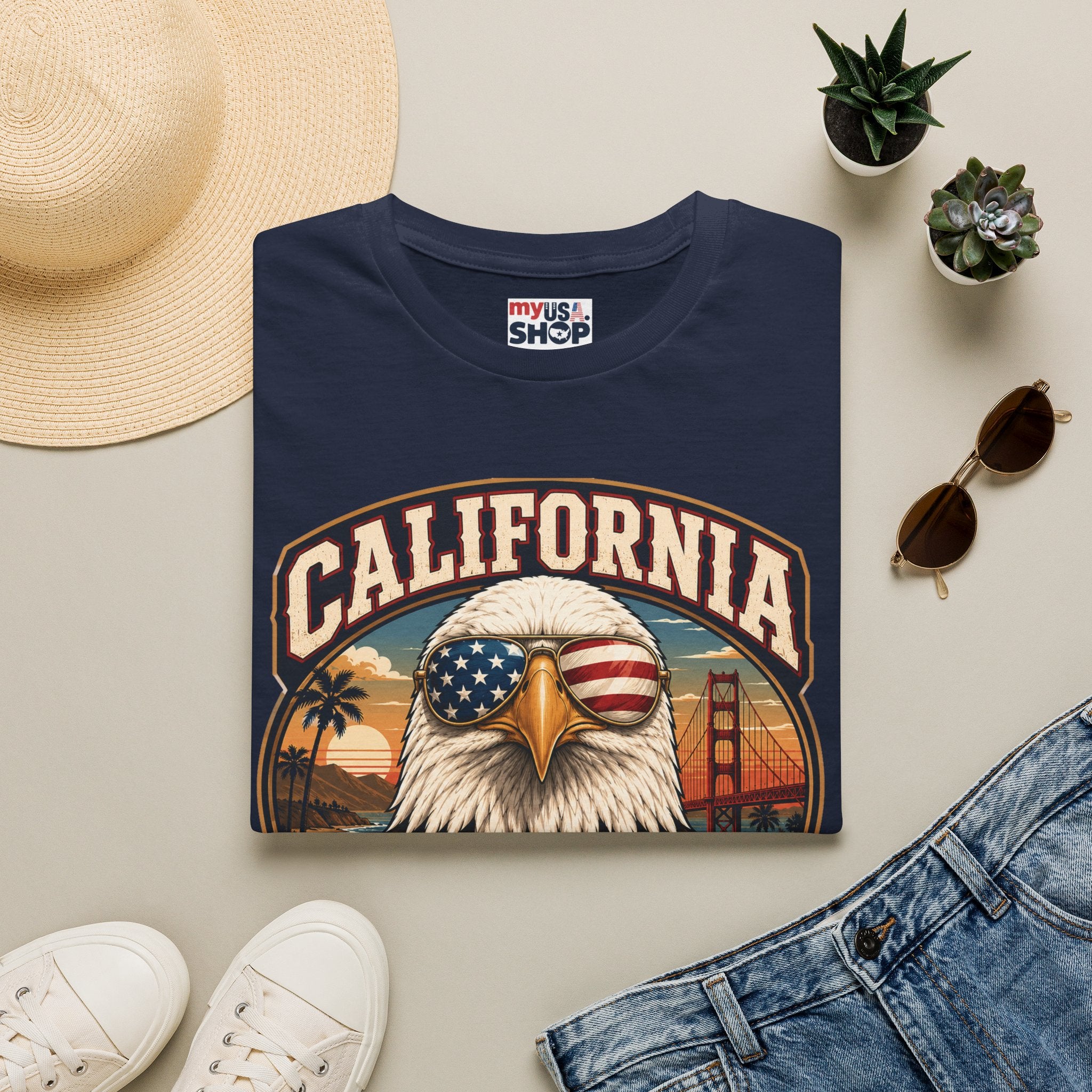 America 250 California Eagle Club T-Shirt — Patriotic Vintage Bald Eagle & Golden Gate Tee
