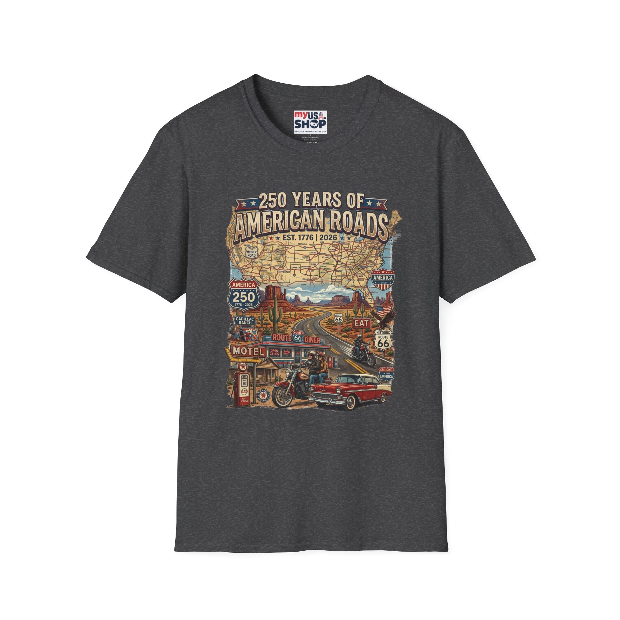 250 Years of American Roads T‑Shirt — Vintage USA Roadmap & Route 66 Travel Tee America 250 Pop Culture